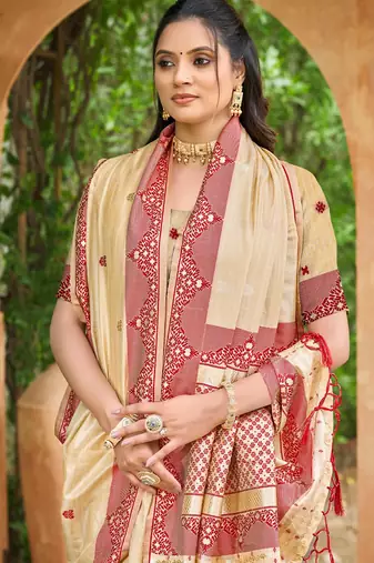 beige and maroon smart and ethnic graceful partywear assam silk blend woven designer saree
