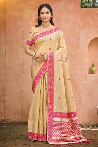 beige and rani pink smart and ethnic graceful partywear assam silk blend woven designer saree