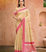 beige and rani pink smart and ethnic graceful partywear assam silk blend woven designer saree