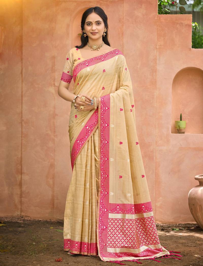 beige and rani pink smart and ethnic graceful partywear assam silk blend woven designer saree