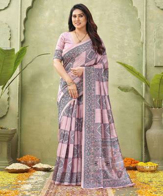 pink silk blend fabric madhubani printed graceful ethnic partywear saree 1