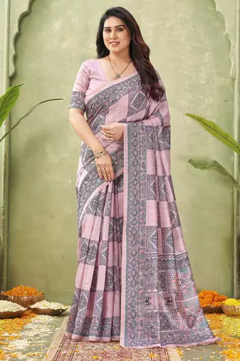 pink silk blend fabric madhubani printed graceful ethnic partywear saree