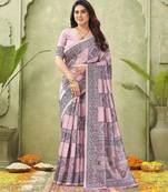 pink silk blend fabric madhubani printed graceful ethnic partywear saree