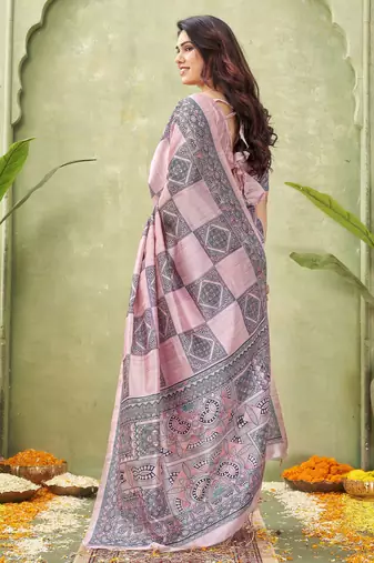 pink silk blend fabric madhubani printed graceful ethnic partywear saree
