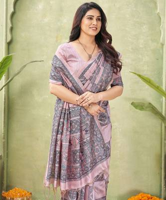 pink silk blend fabric madhubani printed graceful ethnic partywear saree 3