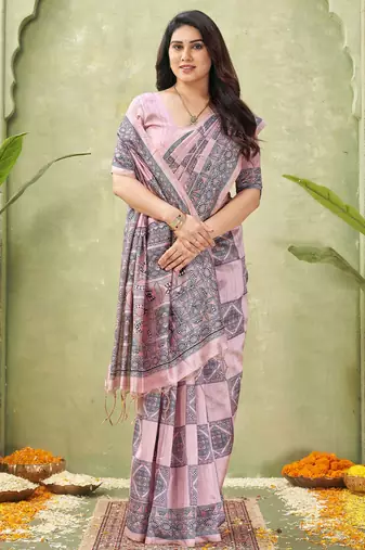 pink silk blend fabric madhubani printed graceful ethnic partywear saree