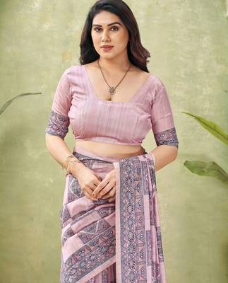 pink silk blend fabric madhubani printed graceful ethnic partywear saree 5