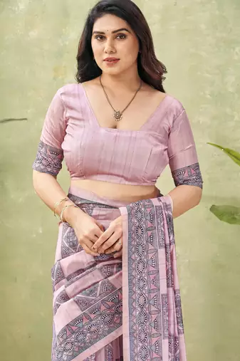 pink silk blend fabric madhubani printed graceful ethnic partywear saree