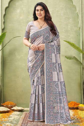 grey silk blend fabric madhubani printed graceful ethnic partywear saree