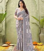 grey silk blend fabric madhubani printed graceful ethnic partywear saree