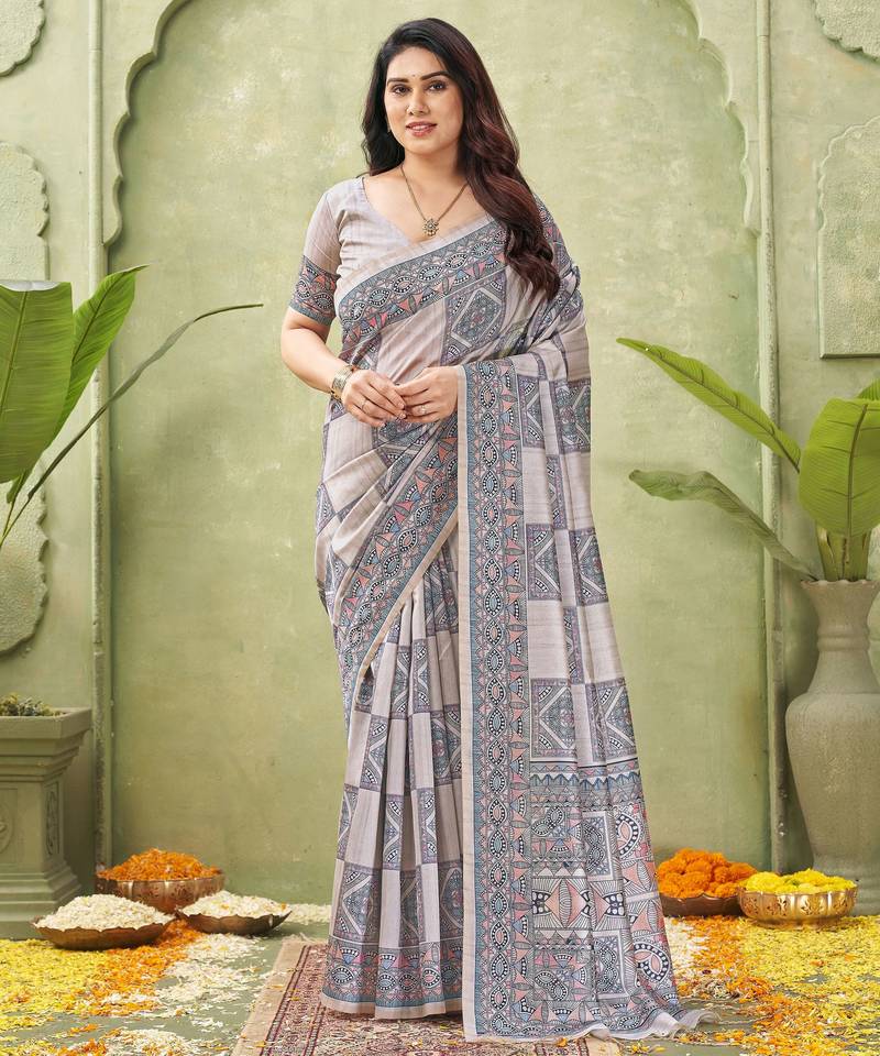 grey silk blend fabric madhubani printed graceful ethnic partywear saree