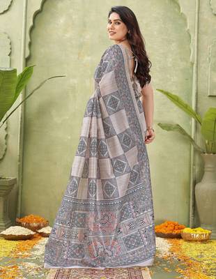 grey silk blend fabric madhubani printed graceful ethnic partywear saree 2