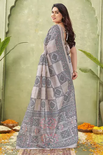 grey silk blend fabric madhubani printed graceful ethnic partywear saree