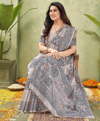 grey silk blend fabric madhubani printed graceful ethnic partywear saree 4