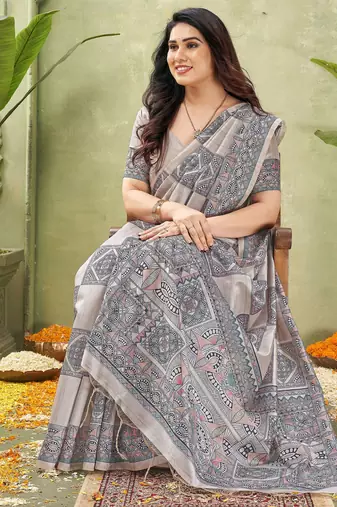grey silk blend fabric madhubani printed graceful ethnic partywear saree