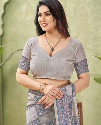 grey silk blend fabric madhubani printed graceful ethnic partywear saree 5