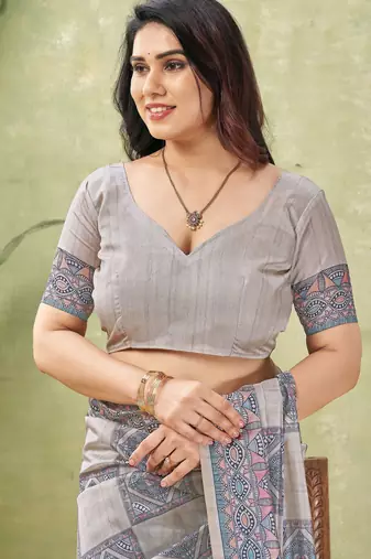 grey silk blend fabric madhubani printed graceful ethnic partywear saree