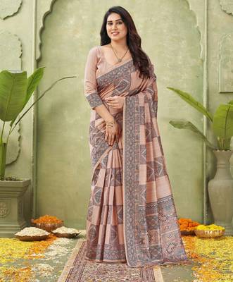 peach silk blend fabric madhubani printed graceful ethnic partywear saree 1