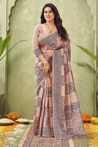 peach silk blend fabric madhubani printed graceful ethnic partywear saree