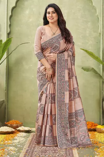 peach silk blend fabric madhubani printed graceful ethnic partywear saree