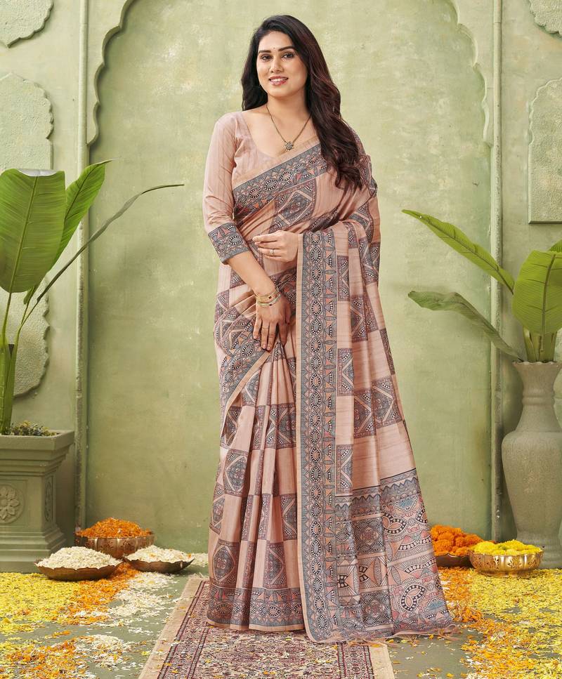 peach silk blend fabric madhubani printed graceful ethnic partywear saree