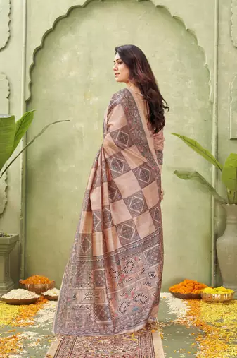 peach silk blend fabric madhubani printed graceful ethnic partywear saree