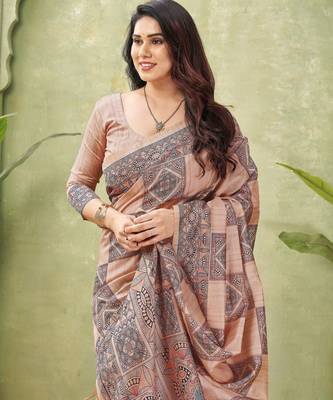 peach silk blend fabric madhubani printed graceful ethnic partywear saree 3