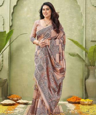 peach silk blend fabric madhubani printed graceful ethnic partywear saree 4