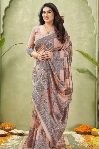 peach silk blend fabric madhubani printed graceful ethnic partywear saree