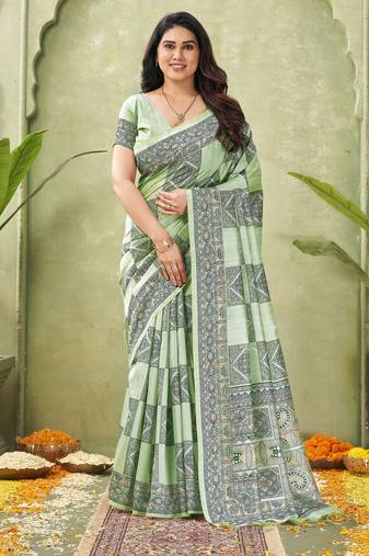 green silk blend fabric madhubani printed graceful ethnic partywear saree