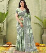 green silk blend fabric madhubani printed graceful ethnic partywear saree