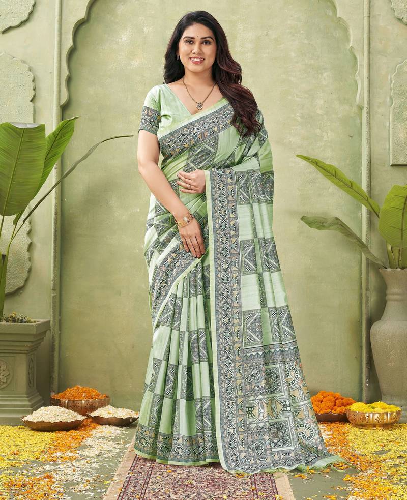 green silk blend fabric madhubani printed graceful ethnic partywear saree