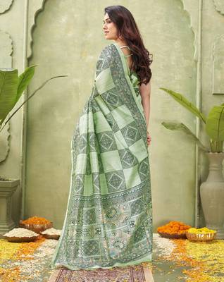 green silk blend fabric madhubani printed graceful ethnic partywear saree 2
