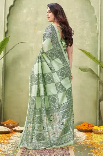 green silk blend fabric madhubani printed graceful ethnic partywear saree