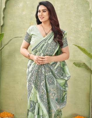 green silk blend fabric madhubani printed graceful ethnic partywear saree 3