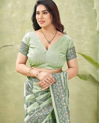 green silk blend fabric madhubani printed graceful ethnic partywear saree 5