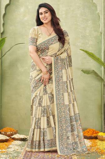 beige silk blend fabric madhubani printed graceful ethnic partywear saree