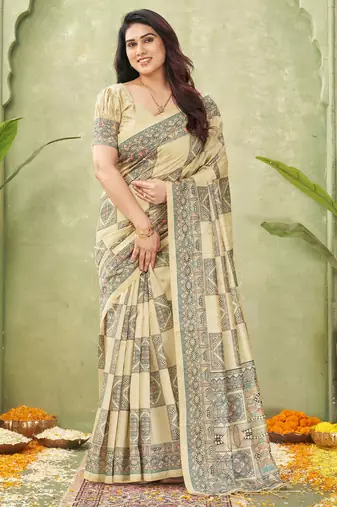 beige silk blend fabric madhubani printed graceful ethnic partywear saree