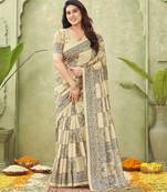 beige silk blend fabric madhubani printed graceful ethnic partywear saree