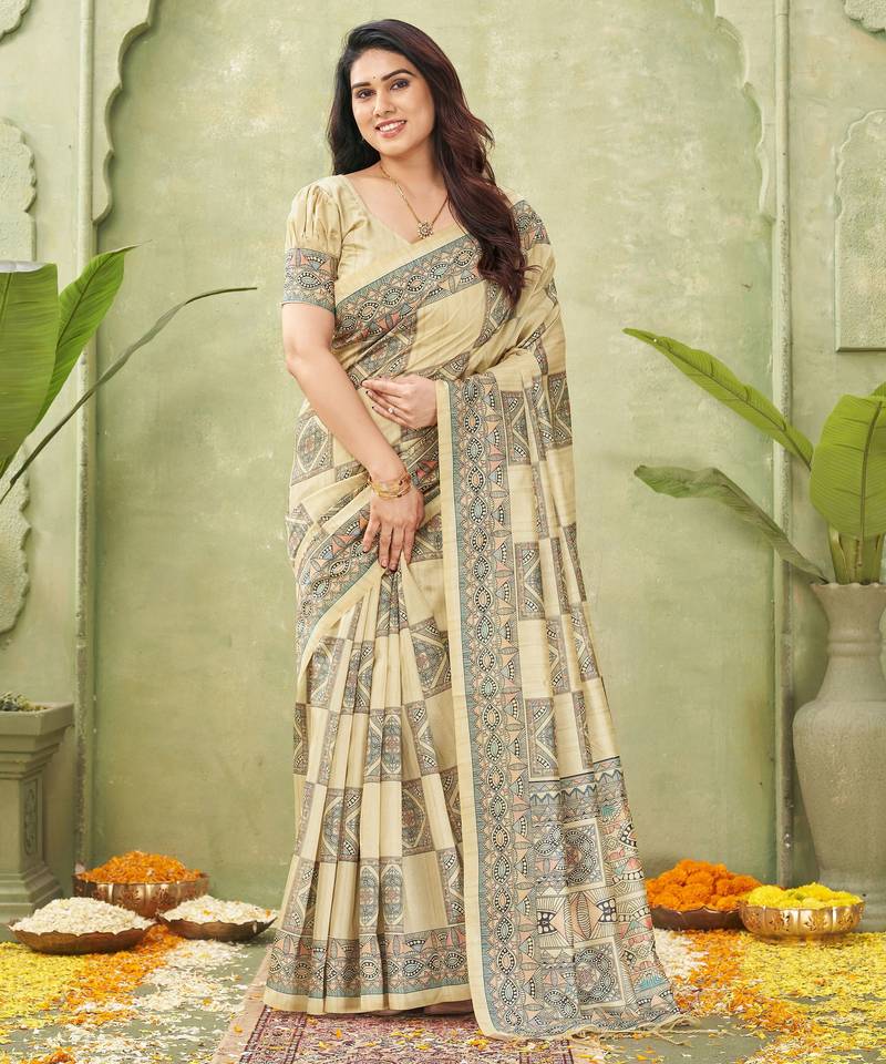 beige silk blend fabric madhubani printed graceful ethnic partywear saree