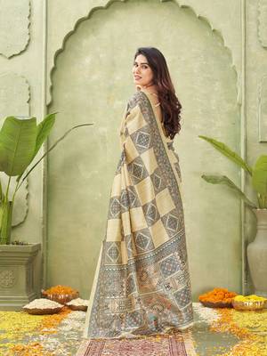beige silk blend fabric madhubani printed graceful ethnic partywear saree 2