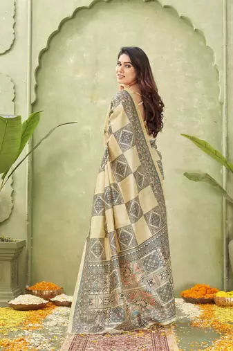 beige silk blend fabric madhubani printed graceful ethnic partywear saree