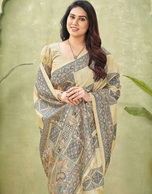 beige silk blend fabric madhubani printed graceful ethnic partywear saree 3