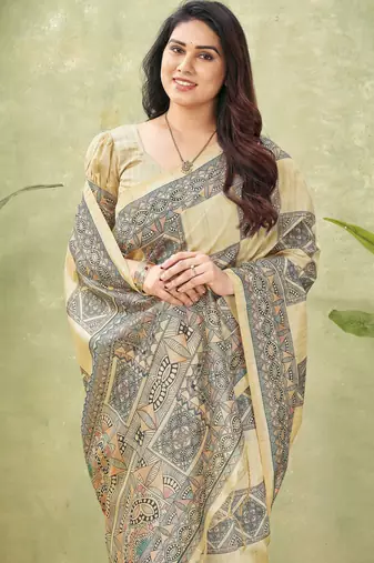 beige silk blend fabric madhubani printed graceful ethnic partywear saree