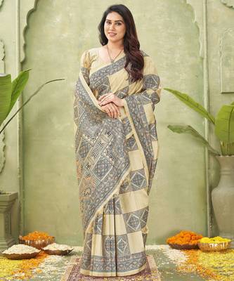beige silk blend fabric madhubani printed graceful ethnic partywear saree 4