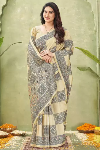 beige silk blend fabric madhubani printed graceful ethnic partywear saree