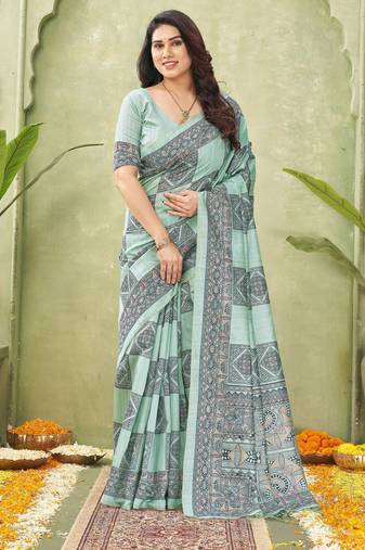 sea green silk blend fabric madhubani printed graceful ethnic partywear saree