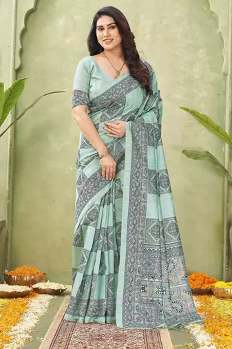sea green silk blend fabric madhubani printed graceful ethnic partywear saree