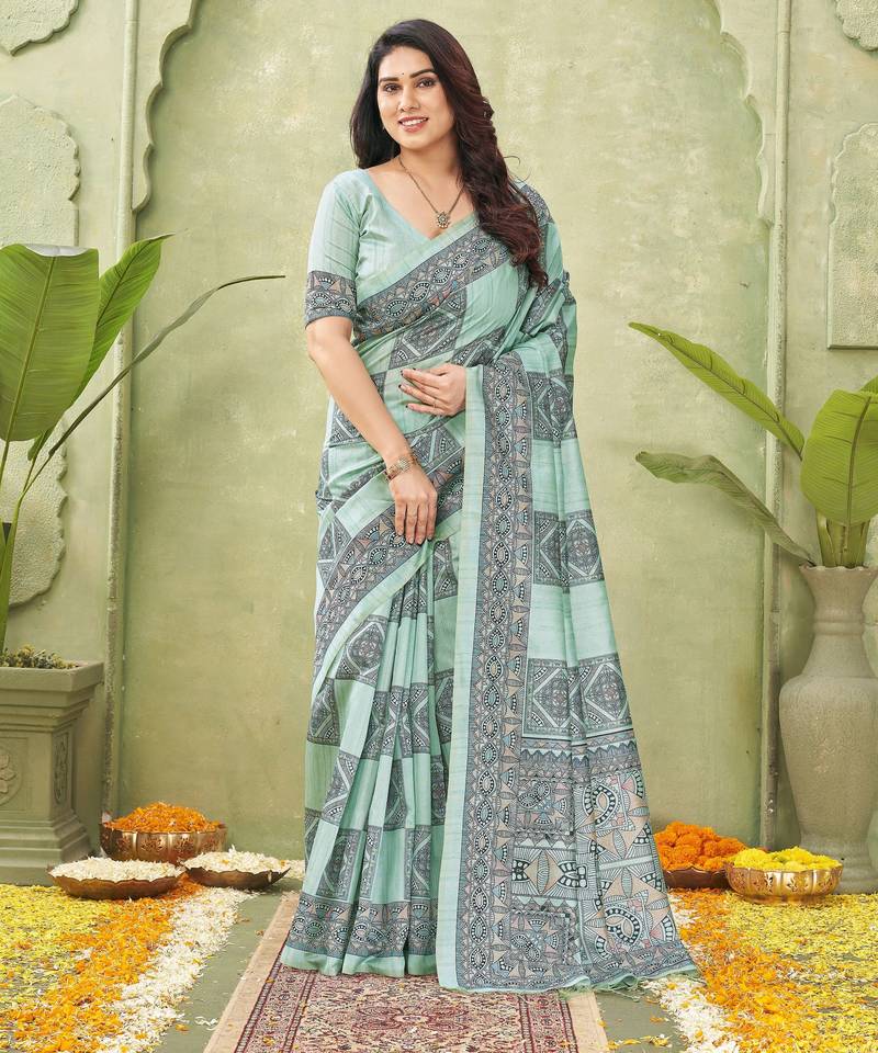sea green silk blend fabric madhubani printed graceful ethnic partywear saree