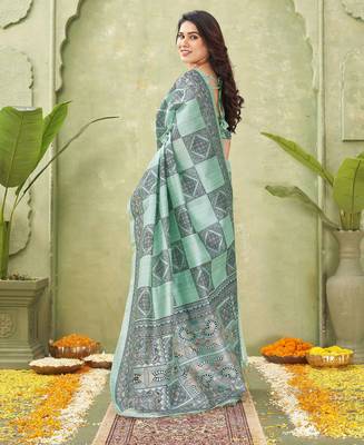 sea green silk blend fabric madhubani printed graceful ethnic partywear saree 2